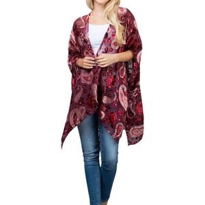 Umgee Paisley Open Front Velvet Floral Kimono Burgundy XL Fall Lightweight